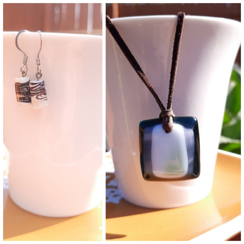 Multicolor Dainty Glass Earrings & Fused Glass Leather Necklace Bundle